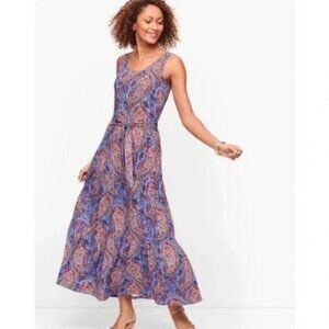 NWT Talbots Belted Tiered Paisley Maxi Dress in Blue and Pink
